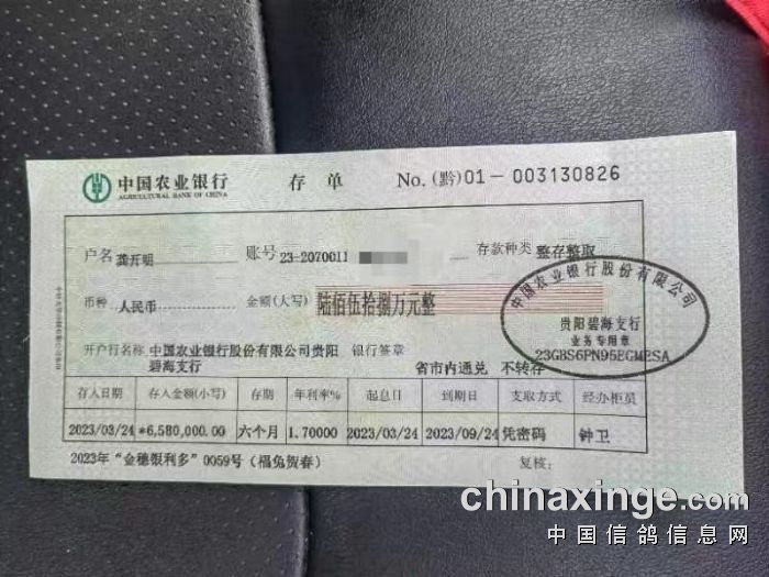 贵阳市宏洋赛鸽中心2023年奖金已存指定银行公告
